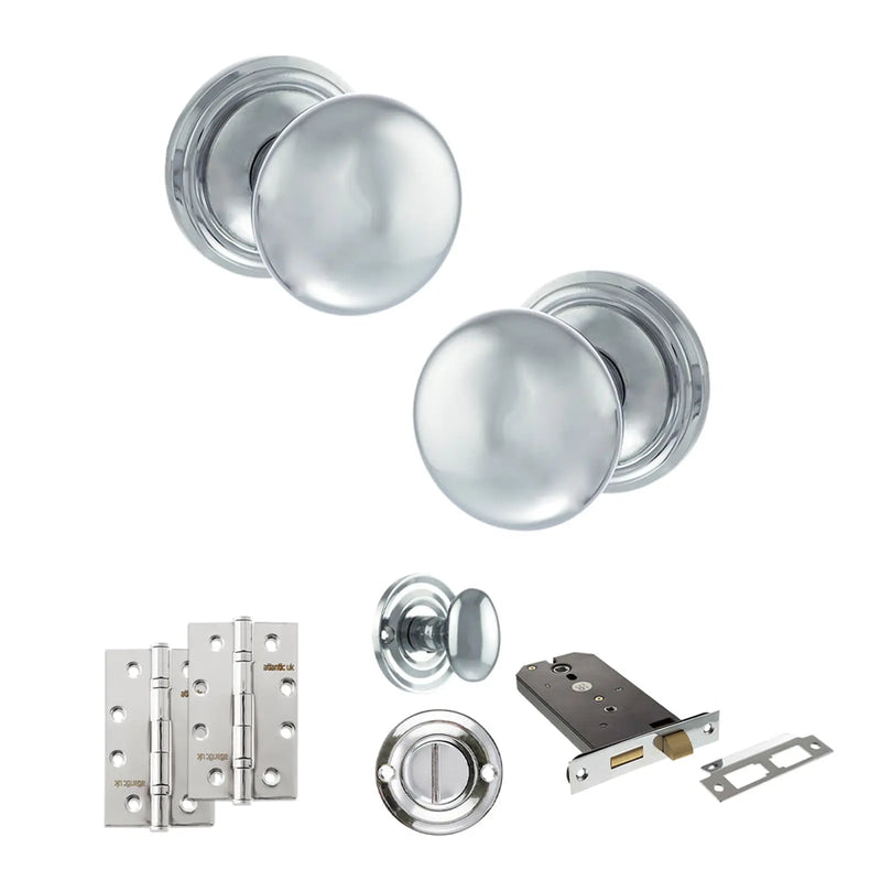 Atlantic Old English Harrogate Door Knob Pack (Lock Set - Horizontal Bathlock, 4" Slim Knuckle Hinges x2)