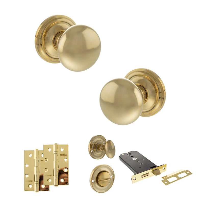 Atlantic Old English Harrogate Door Knob Pack (Lock Set - Horizontal Bathlock, 4" Slim Knuckle Hinges x2)
