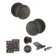 Atlantic Old English Harrogate Door Knob Pack (Lock Set - Horizontal Bathlock, 4" Slim Knuckle Hinges x2)
