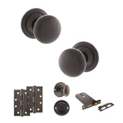 Atlantic Old English Harrogate Door Knob Pack (Lock Set - Horizontal Bathlock, 4" Slim Knuckle Hinges x2)