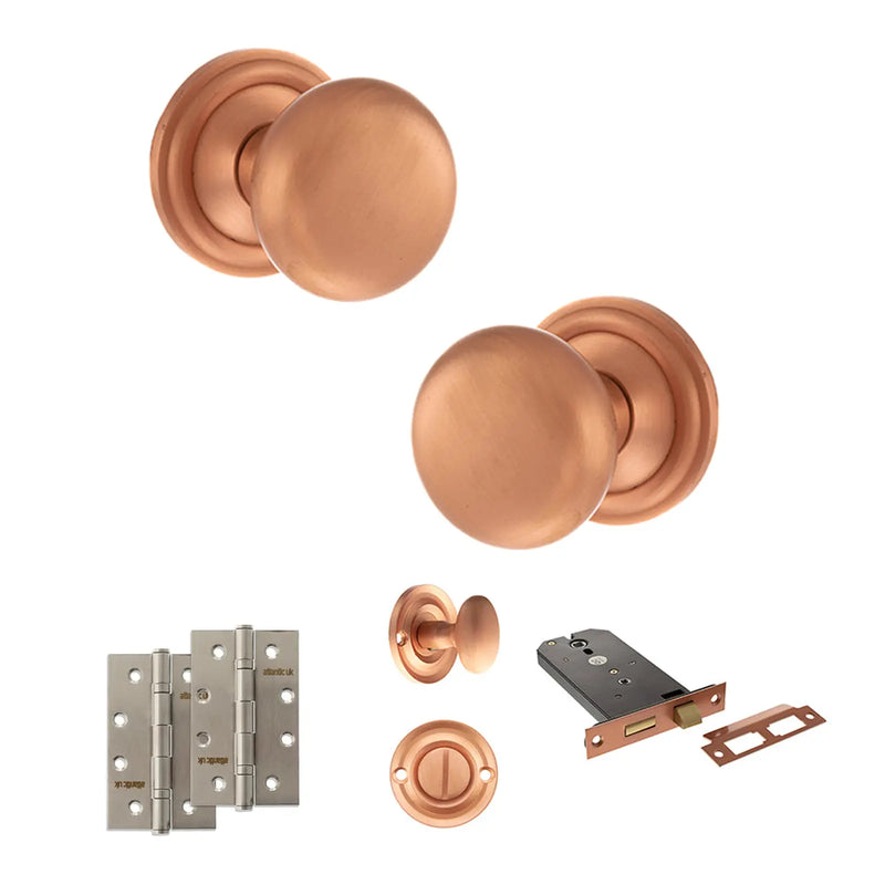 Atlantic Old English Harrogate Door Knob Pack (Lock Set - Horizontal Bathlock, 4" Slim Knuckle Hinges x2)