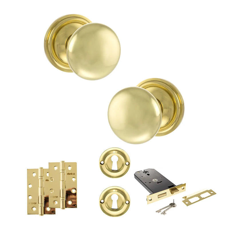 Atlantic Old English Harrogate Door Knob Pack (Lock Set - Horizontal Sashlock, 4" Slim Knuckle Hinges x2)