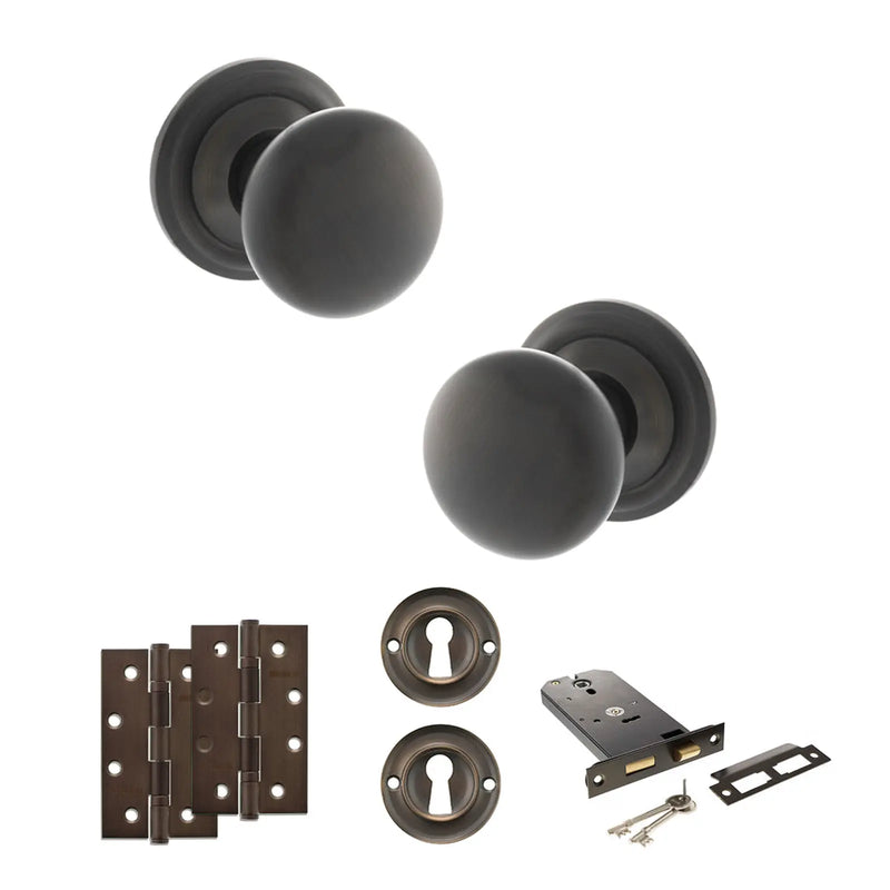 Atlantic Old English Harrogate Door Knob Pack (Lock Set - Horizontal Sashlock, 4" Slim Knuckle Hinges x2)