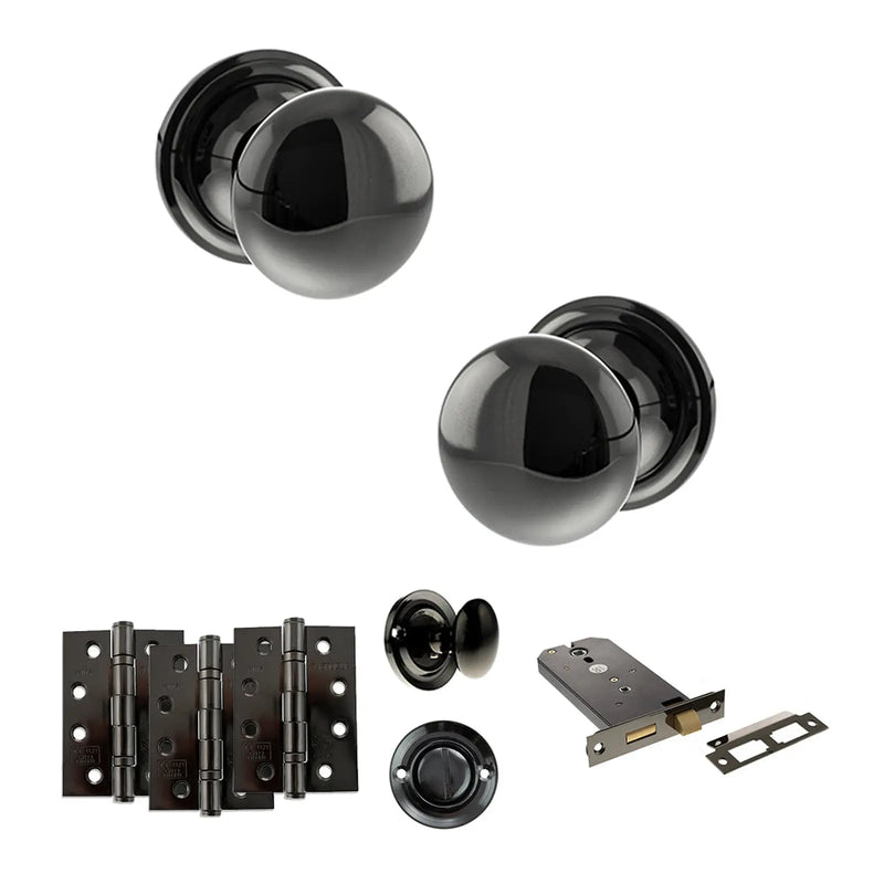 Atlantic Old English Harrogate Door Knob Pack (Lock Set - Horizontal Bathlock, 4" Fire Rated Hinges x3)