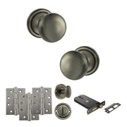 Atlantic Old English Harrogate Door Knob Pack (Lock Set - Horizontal Bathlock, 4" Fire Rated Hinges x3)
