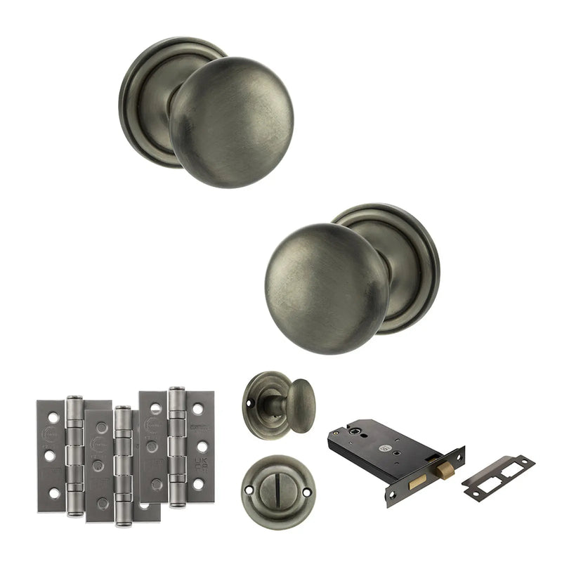 Atlantic Old English Harrogate Door Knob Pack (Lock Set - Horizontal Bathlock, 3" Fire Rated Hinges x3)