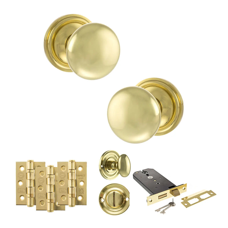 Atlantic Old English Harrogate Door Knob Pack (Lock Set - Horizontal Bathlock, 3" Fire Rated Hinges x3)
