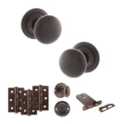 Atlantic Old English Harrogate Door Knob Pack (Lock Set - Horizontal Bathlock, 3" Fire Rated Hinges x3)