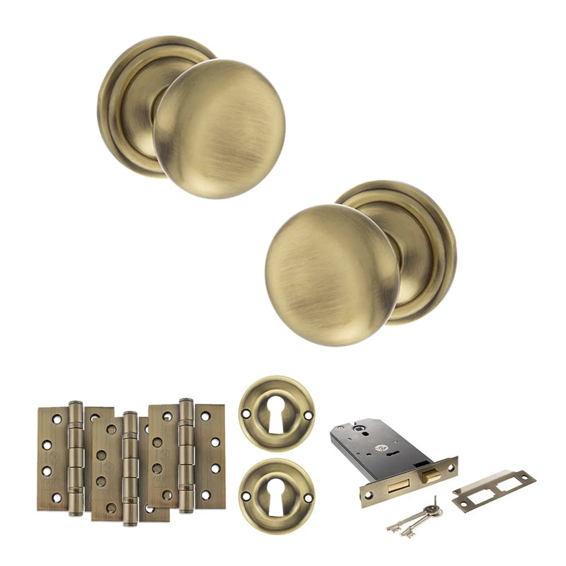 Atlantic Old English Harrogate Door Knob Pack (Lock Set - Horizontal Sashlock, 4" Fire Rated Hinges x3)
