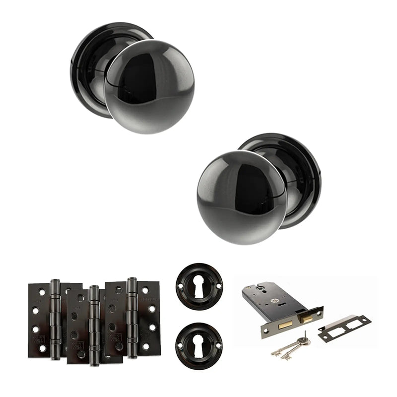 Atlantic Old English Harrogate Door Knob Pack (Lock Set - Horizontal Sashlock, 4" Fire Rated Hinges x3)