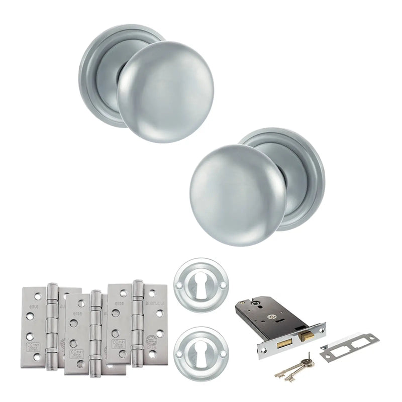 Atlantic Old English Harrogate Door Knob Pack (Lock Set - Horizontal Sashlock, 4" Fire Rated Hinges x3)