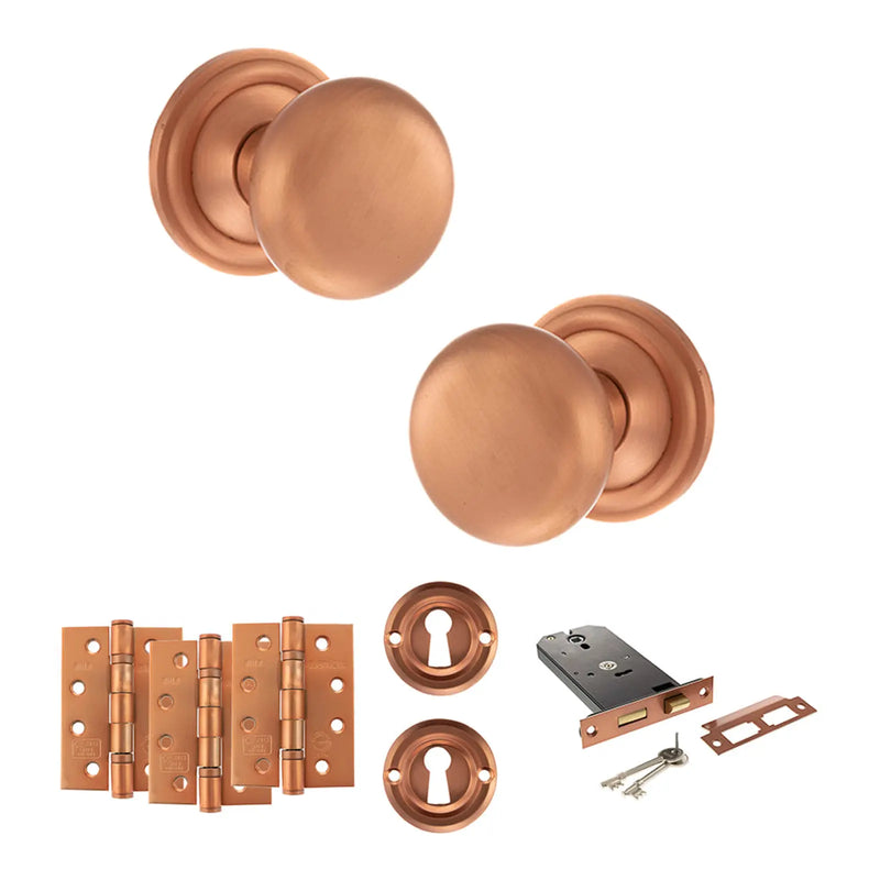 Atlantic Old English Harrogate Door Knob Pack (Lock Set - Horizontal Sashlock, 4" Fire Rated Hinges x3)