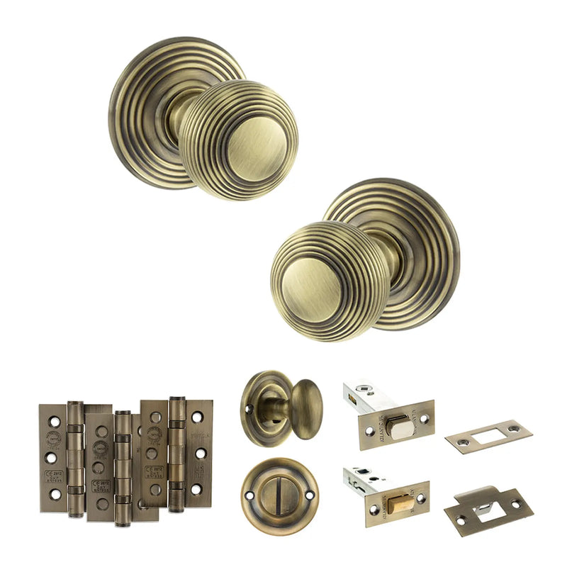 Atlantic Old English Ripon Door Knob Pack (Bathroom Set - 3" Deadbolt, 3" Fire Rated Hinges x3)