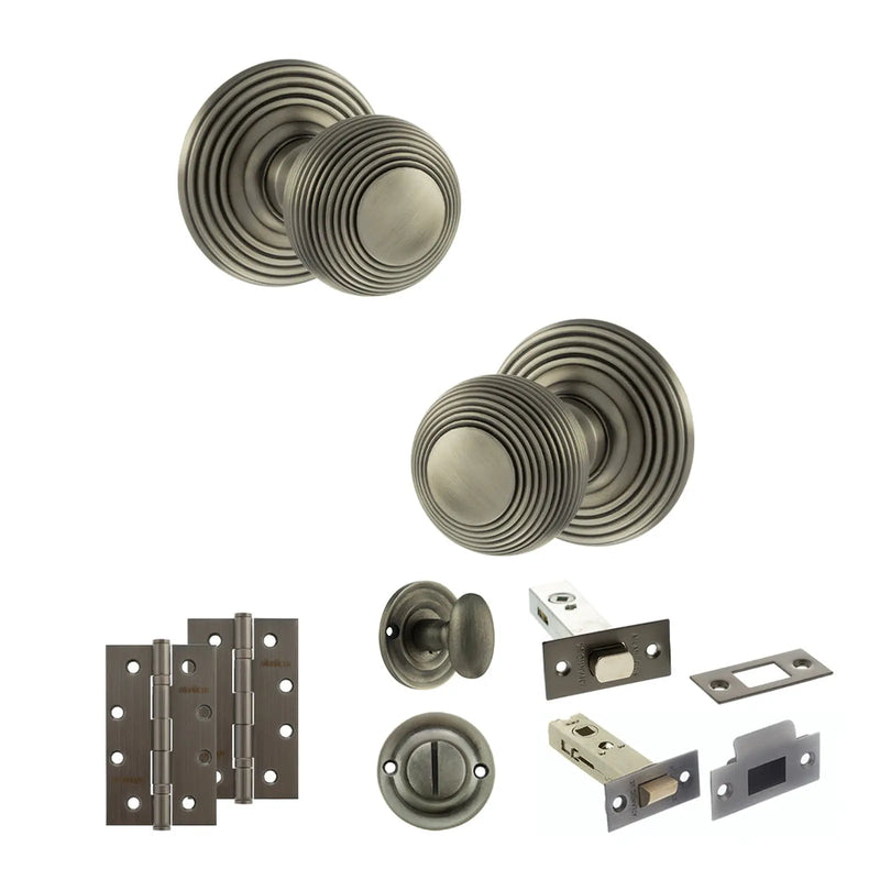 Atlantic Old English Ripon Door Knob Pack (Bathroom Set - 4" Deadbolt, 4" Slim Knuckle Hinges x2)