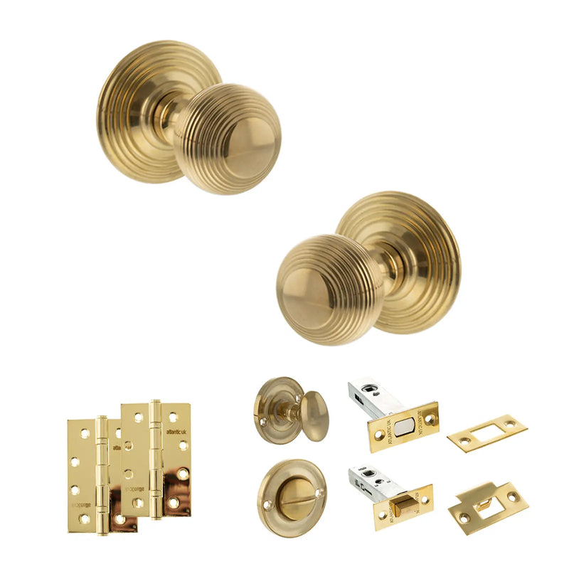 Atlantic Old English Ripon Door Knob Pack (Bathroom Set - 4" Deadbolt, 4" Slim Knuckle Hinges x2)
