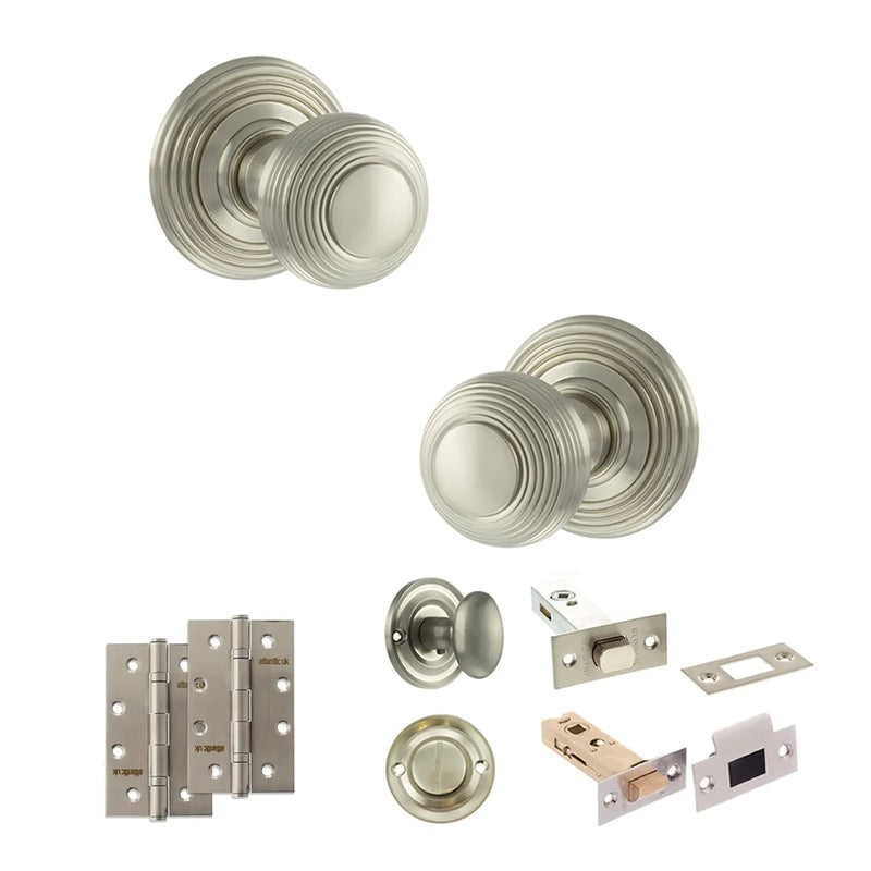 Atlantic Old English Ripon Door Knob Pack (Bathroom Set - 4" Deadbolt, 4" Slim Knuckle Hinges x2)