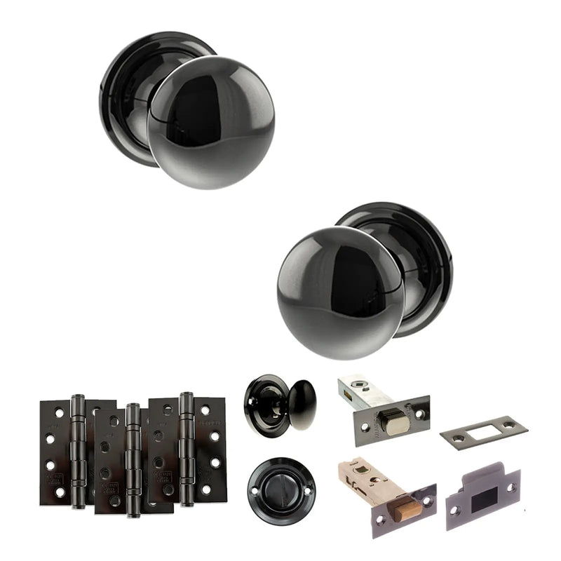 Atlantic Old English Harrogate Door Knob Pack (Bathroom Set - 3" Deadbolt, 4" Fire Rated Hinges x3)