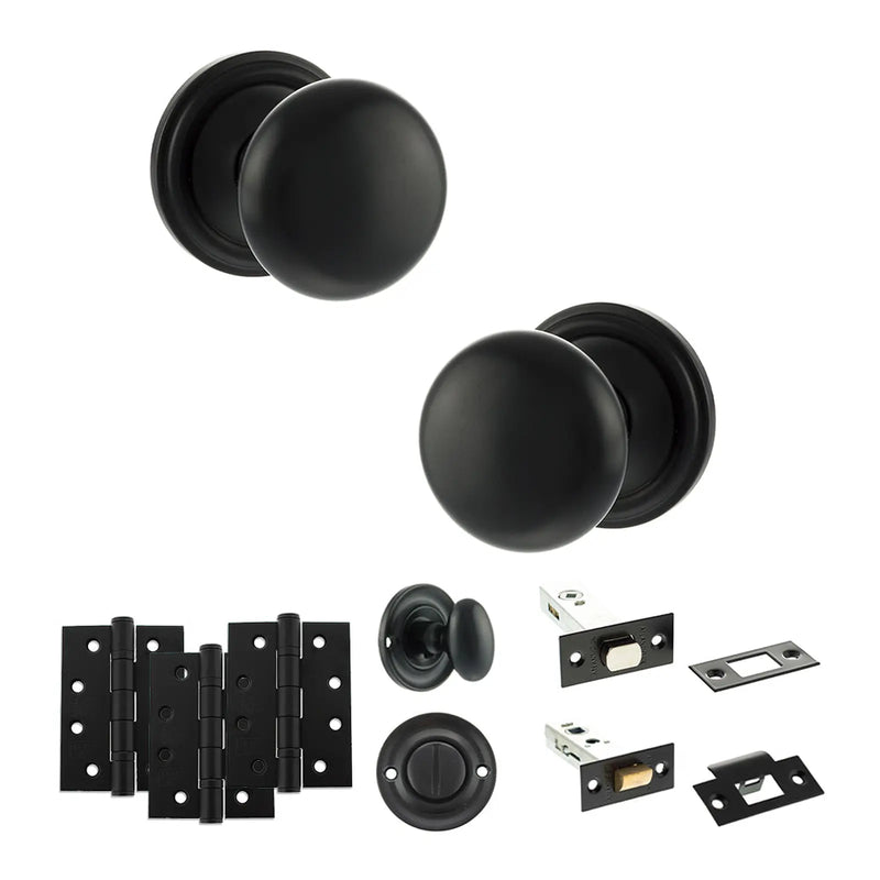 Atlantic Old English Harrogate Door Knob Pack (Bathroom Set - 3" Deadbolt, 4" Fire Rated Hinges x3)
