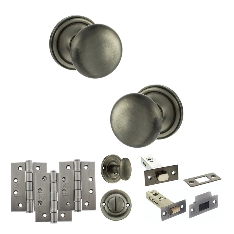 Atlantic Old English Harrogate Door Knob Pack (Bathroom Set - 3" Deadbolt, 4" Fire Rated Hinges x3)