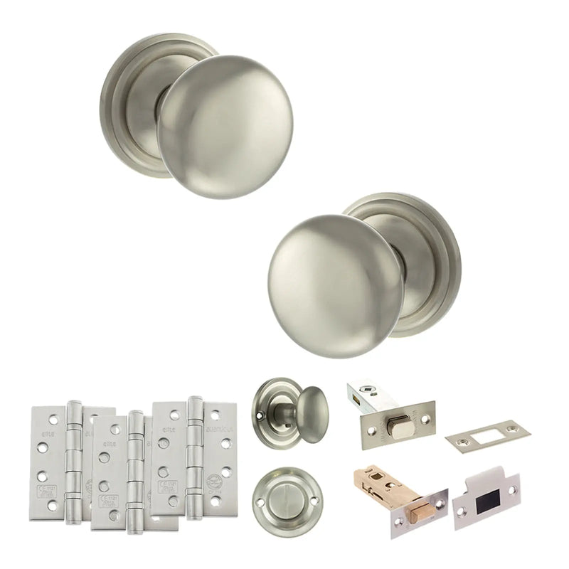 Atlantic Old English Harrogate Door Knob Pack (Bathroom Set - 3" Deadbolt, 4" Fire Rated Hinges x3)