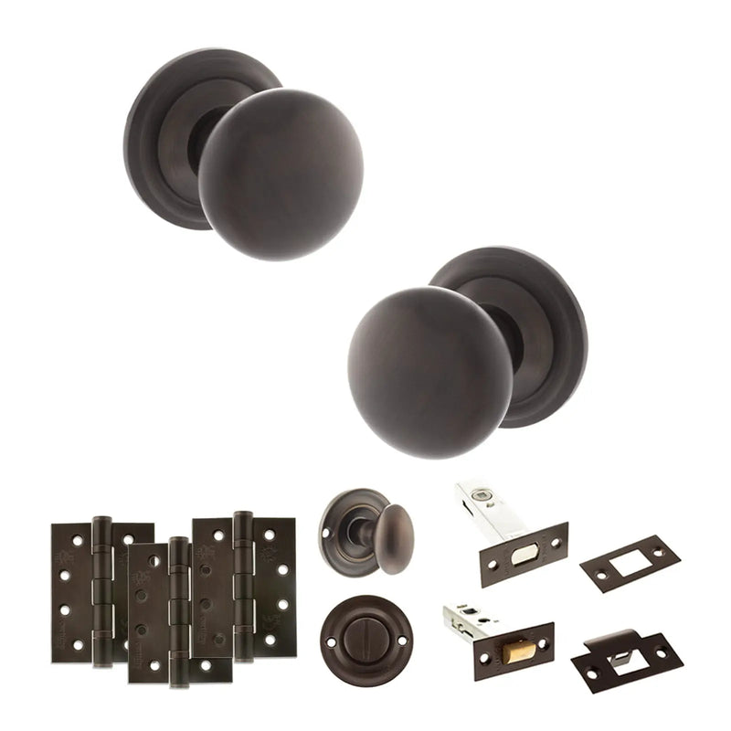 Atlantic Old English Harrogate Door Knob Pack (Bathroom Set - 3" Deadbolt, 4" Fire Rated Hinges x3)