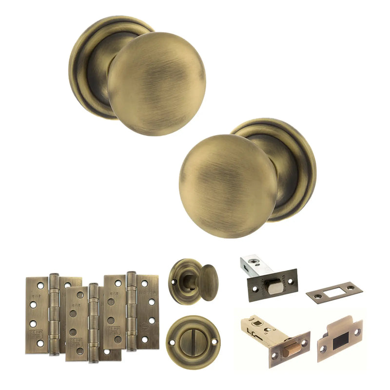 Atlantic Old English Harrogate Door Knob Pack (Bathroom Set - 4" Deadbolt, 4" Fire Rated Hinges x3)
