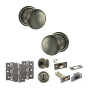 Atlantic Old English Harrogate Door Knob Pack (Bathroom Set - 4" Deadbolt, 3" Fire Rated Hinges x3)