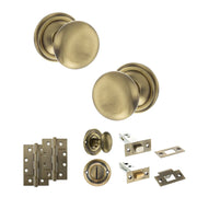 Atlantic Old English Harrogate Door Knob Pack (Bathroom Set - 4" Deadbolt, 4" Slim Knuckle Hinges x2)