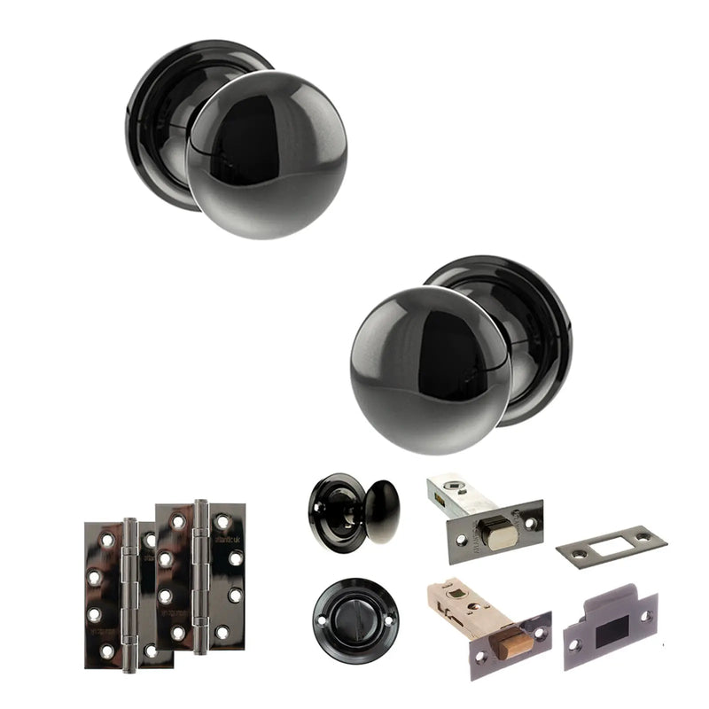Atlantic Old English Harrogate Door Knob Pack (Bathroom Set - 4" Deadbolt, 4" Slim Knuckle Hinges x2)