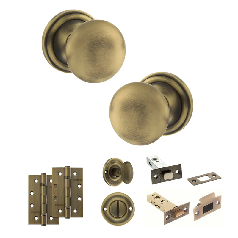 Atlantic Old English Harrogate Door Knob Pack (Bathroom Set - 4" Deadbolt, 4" Slim Knuckle Hinges x2)