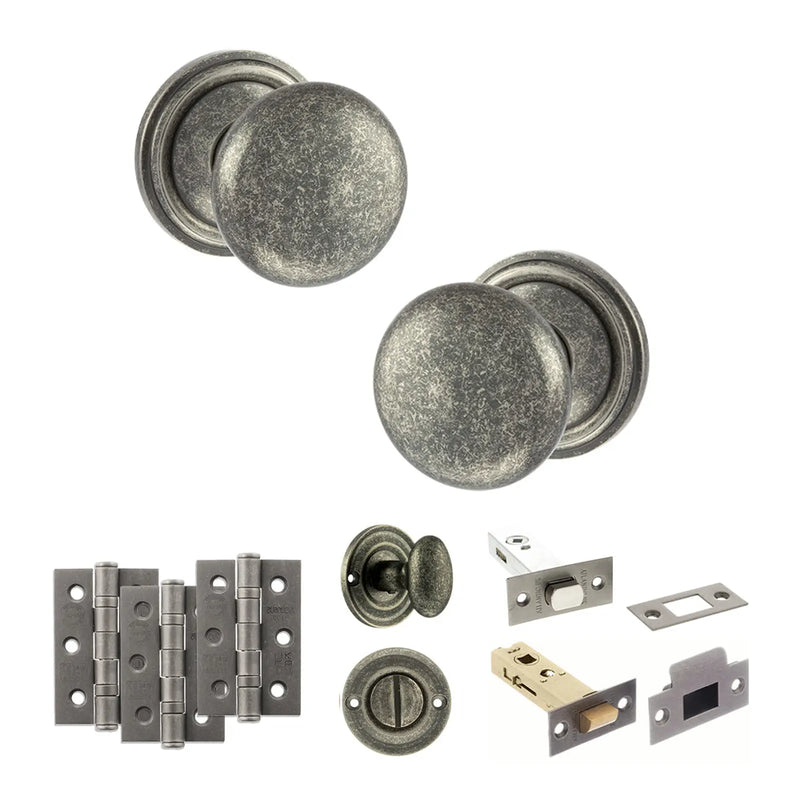 Atlantic Old English Harrogate Door Knob Pack (Bathroom Set - 3" Deadbolt, 3" Fire Rated Hinges x3)