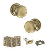 Atlantic Old English Harrogate Door Knob Pack (Latch Set - 3" HD Latch, 4" Fire Rated Hinges x3)