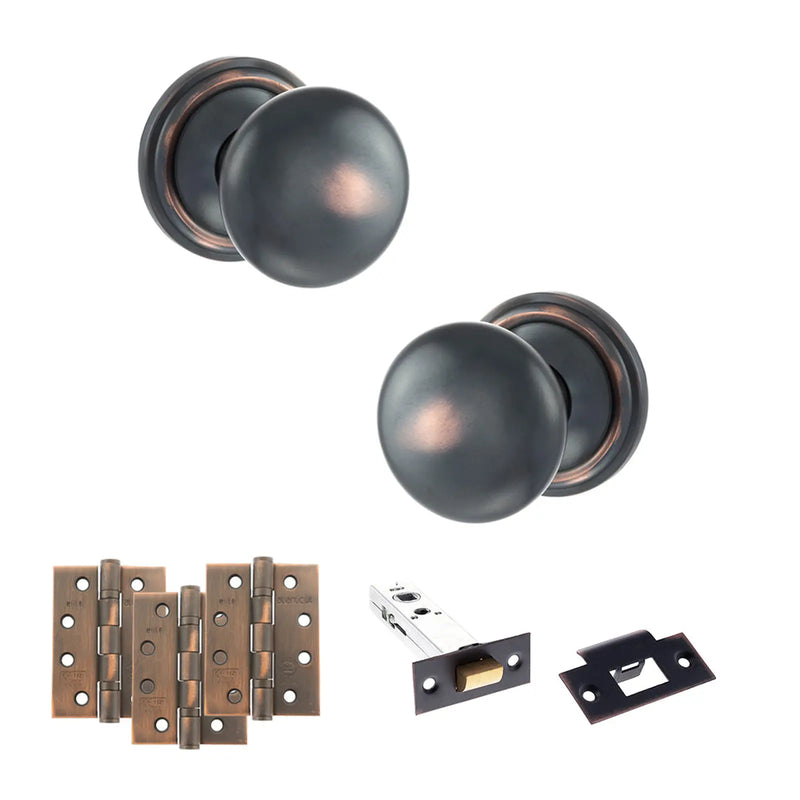 Atlantic Old English Harrogate Door Knob Pack (Latch Set - 3" HD Latch, 4" Fire Rated Hinges x3)