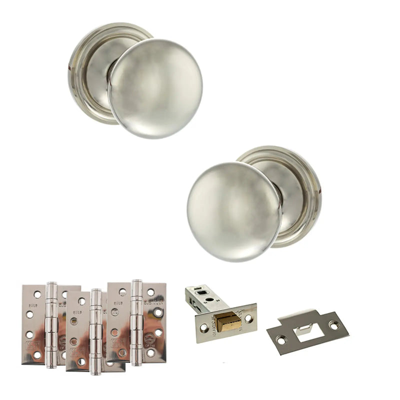 Atlantic Old English Harrogate Door Knob Pack (Latch Set - 3" HD Latch, 4" Fire Rated Hinges x3)