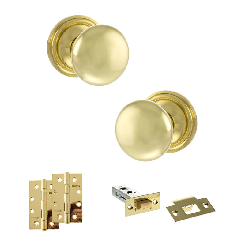 Atlantic Old English Harrogate Door Knob Pack (Latch Set - 4" HD Latch, 4" Slim Knuckle Hinges x2)