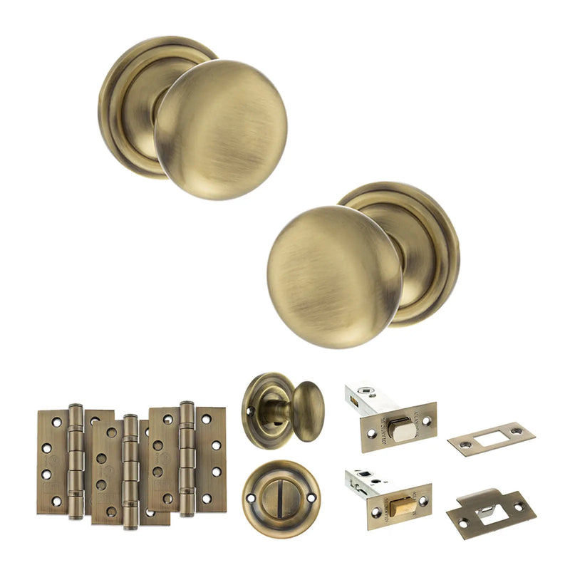 Atlantic Old English Harrogate Door Knob Pack (Bathroom Set - 3" Deadbolt, 4" Fire Rated Hinges x3)