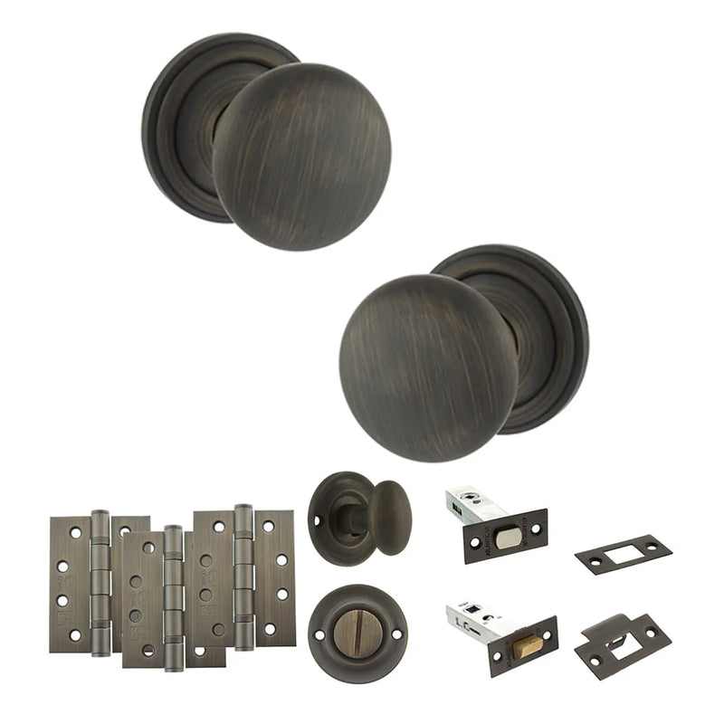 Atlantic Old English Harrogate Door Knob Pack (Bathroom Set - 3" Deadbolt, 4" Fire Rated Hinges x3)