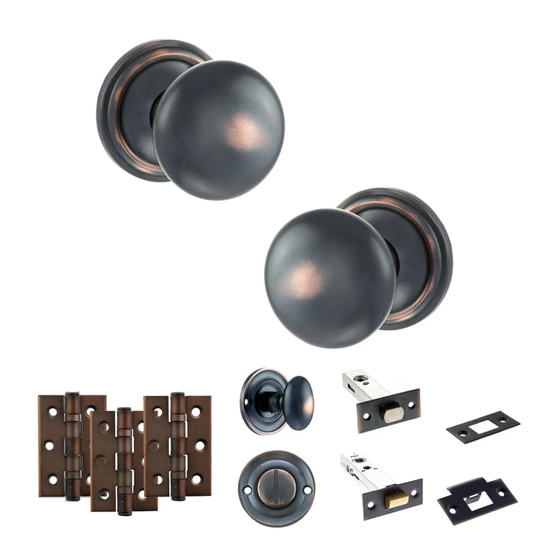 Atlantic Old English Harrogate Door Knob Pack (Bathroom Set - 4" Deadbolt, 3" Fire Rated Hinges x3)