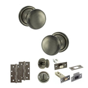 Atlantic Old English Harrogate Door Knob Pack (Bathroom Set - 4" Deadbolt, 4" Slim Knuckle Hinges x2)