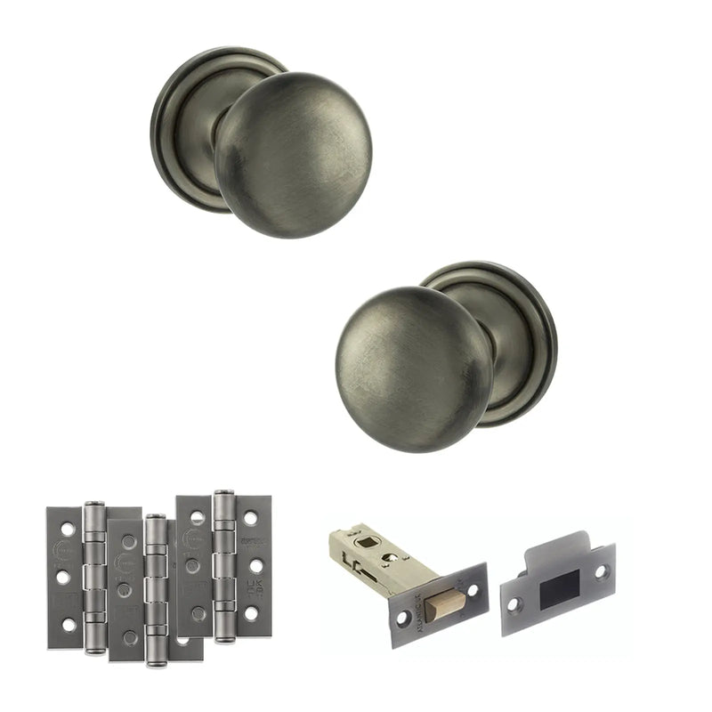 Atlantic Old English Harrogate Door Knob Pack (Latch Set - 4" HD Latch, 3" Fire Rated Hinges x3)