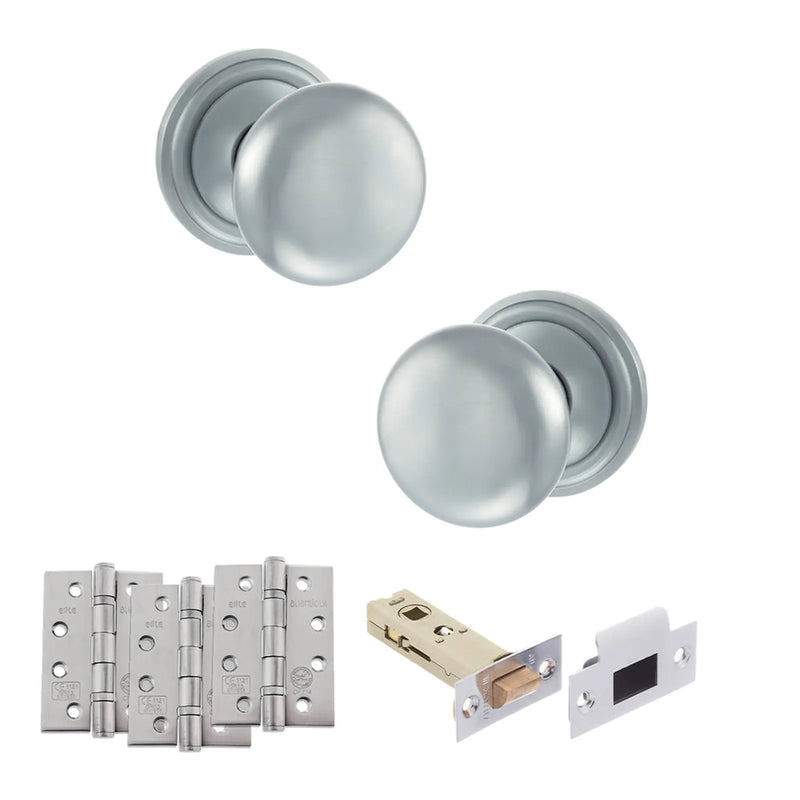 Atlantic Old English Harrogate Door Knob Pack (Latch Set - 4" HD Latch, 4" Fire Rated Hinges x3)