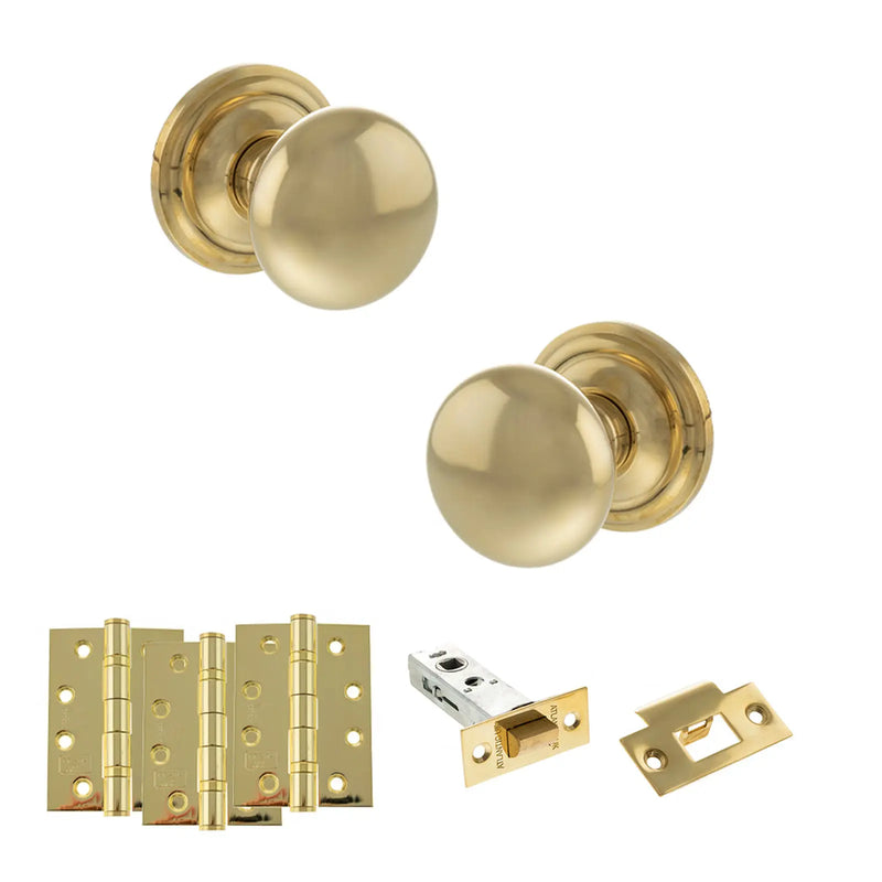 Atlantic Old English Harrogate Door Knob Pack (Latch Set - 4" HD Latch, 4" Fire Rated Hinges x3)