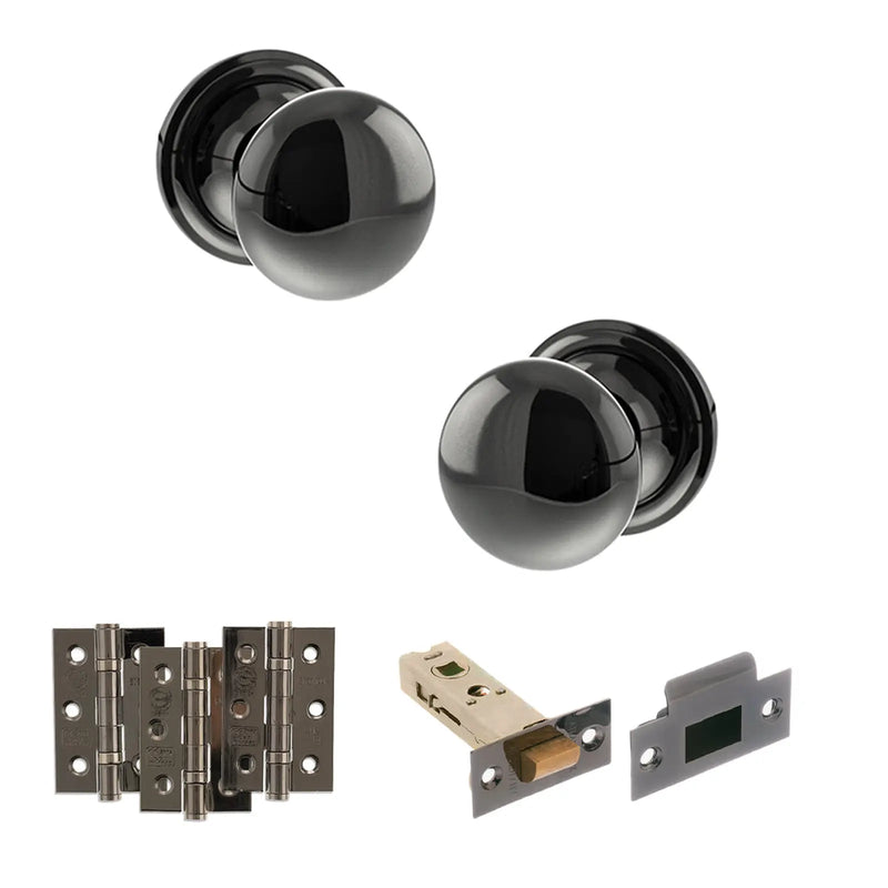Atlantic Old English Harrogate Door Knob Pack (Latch Set - 4" HD Latch, 3" Fire Rated Hinges x3)