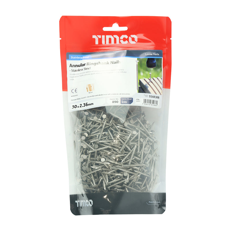 TIMCO Annular Ringshank Nails A2 Stainless Steel — 1kg Bag