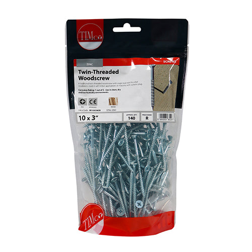 TIMCO Twin-Threaded Countersunk Silver Woodscrews — Bag